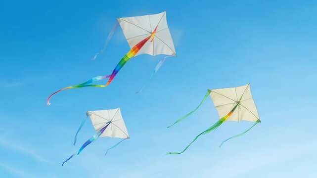 Colorful Kites Flying in Bright Blue Sky with Flowing Tails for International Kite Day Celebration and Outdoor Festival Activities