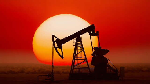 silhouette of oil pump jack working at sunset in the desert representing fossil fuel industry