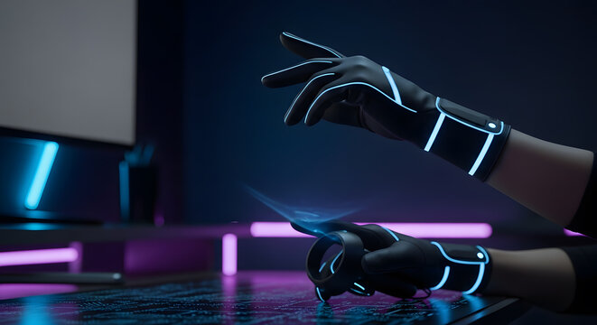 Gloved hands interact with glowing futuristic interface in neon lit room