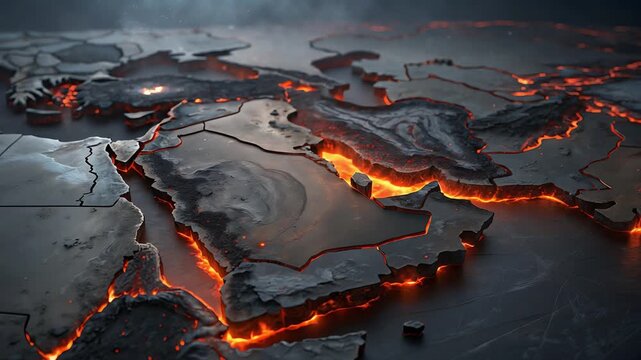 Conceptual 3D render of the Middle East map with fiery glowing fissures between borders symbolizing regional tension and political instability