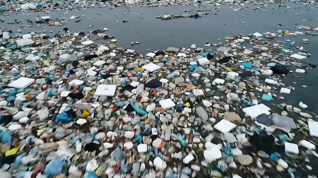 An aerial drone shot captures a vast accumulation of plastic pollution and garbage floating on the dark ocean, highlighting a crisis.