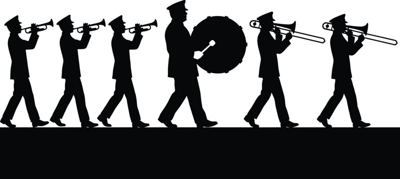 Silhouette of marching band musicians with trumpets, bass drum, and trombones in uniform, parade performance illustration for music, tradition, rhythm, and cultural celebration