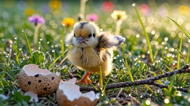 Newly hatched chick stands in the morning grass surrounded by flower blossoms and eggshells in the springtime