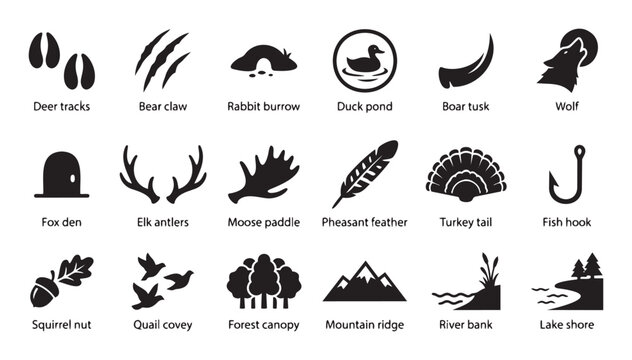 Diverse collection of wildlife and outdoor elements vector icons perfect for outdoor adventure branding, educational resources, or rustic themed graphics