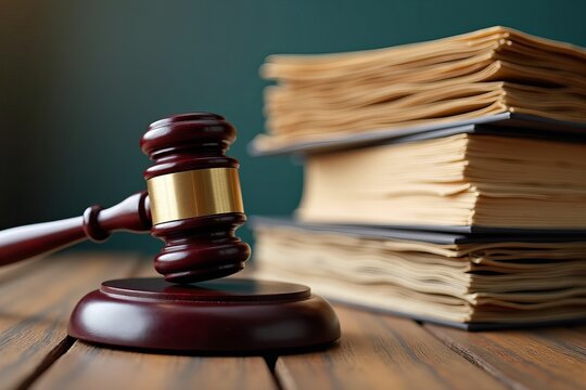 Implicit Iconography: A wooden judge gavel in close-up, poised in front of a pile of files on a vintage table, representing the legal system and court hearings.