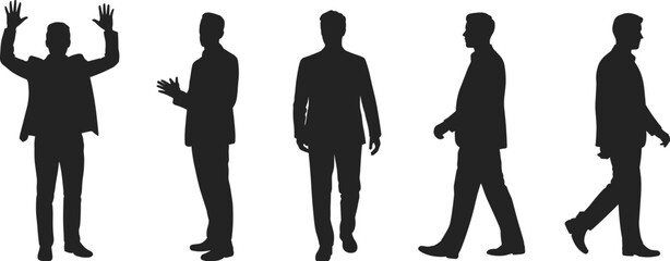Businessman silhouette collection, confident male professional standing walking and greeting isolated on white background corporate flat vector illustration © Mahamudul Creatives