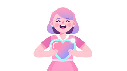 Obraz premium Smiling woman holding glowing heart with love and care