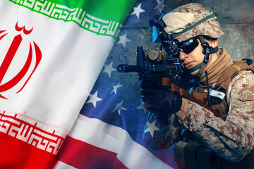 Obraz premium Conflict between Iran and USA captured in soldier's stance