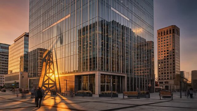 Modern Middle East city district with glass skyscrapers and a long shadow of an oil pump jack on the pavement at sunset representing energy-based economy