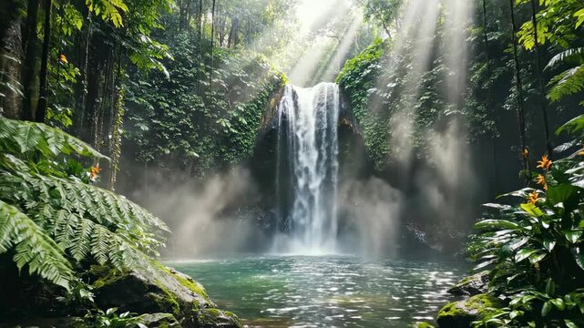 Video of Exotic Waterfall Oasis in Dense Jungle, tropical paradise environment, lush botanical background, wellness retreat concept, pristine natural sanctuary in bright humid climate.