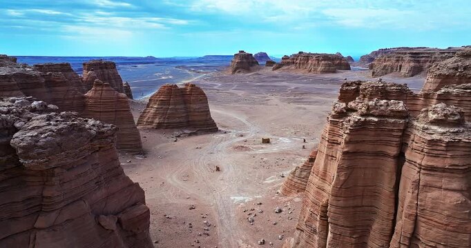 Aerial view of Yardang landforms and geological rock formations in the Gobi Desert, Xinjiang, China.