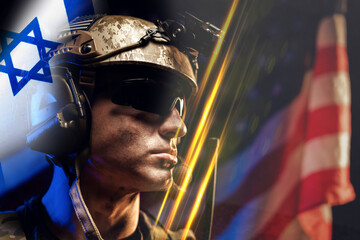 Soldier in uniform stands with flags symbolizing Iran USA conflict and military operations © fotofabrika