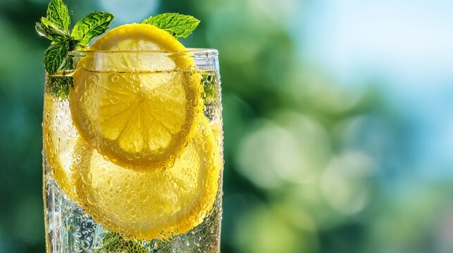 A refreshing glass of iced lemonade with lemon slices and mint leaves, condensation on glass, bright sunlight, vibrant summer colors, high detail, macro photography