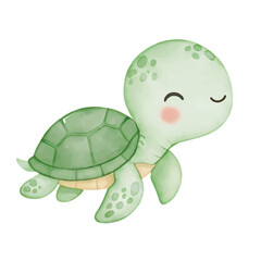 Obraz premium Cute green turtle with shell walking from water onto sandy beach in a simple cartoon wildlife illustration