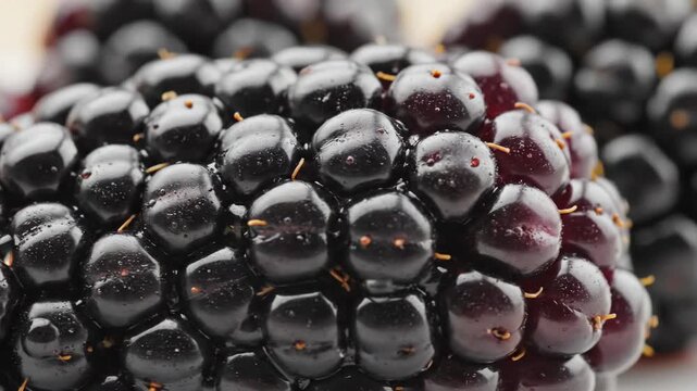 Video of blackberry macro surface with deep purple glossy clustered berries, fresh organic fruit texture, healthy food background, vibrant natural produce detail.