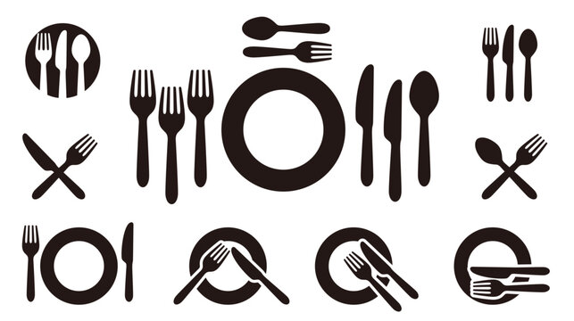 Table manners and dining etiquette icon set with cutlery and plate