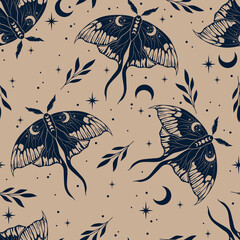 Retro seamless pattern with moths. Boho magic background with space elements stars, butterflies.  © Любовь Овсянникова
