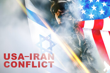 Fototapeta premium Conflict between USA and Iran shows military presence with flags and soldier