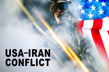 Obraz premium USA-Iran conflict represented through military and national symbols in a tense setting