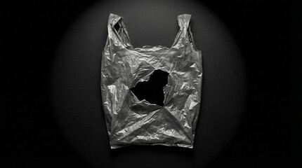 Fototapeta premium Torn Plastic Bag with Large Hole on Black Background