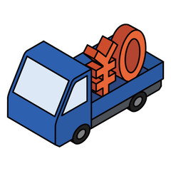 ￥0ロゴを運ぶトラックのアイソメトリックイラスト