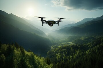 Fototapeta premium Quadcopter exploring aerial nature landscape with sunset light in a vast, forested valley