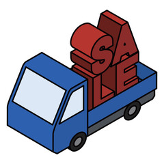 立体的なSALEロゴを運ぶトラックの3Dイラスト