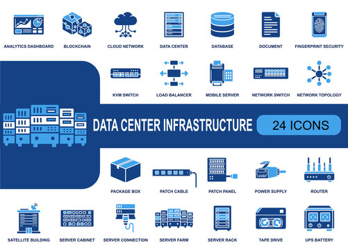 Data center infrastructure icon set. Containing server rack, data center, database, router, network switch, load balancer, patch panel, UPS battery, cloud network and more. Solid fill icons collection