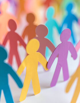 Colorful paper cut-out people connected hand in hand. Diversity, inclusion and solidarity concept.