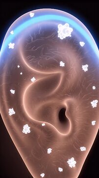 CGI Visualization of Tympanosclerosis Showing Calcified Plaques Within the Eardrum and a Neon Blue Light Beam Representing Sound Waves Against a Dark Medical Background for Healthcare Education