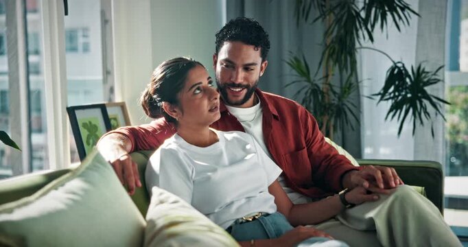Couple, relax and conversation on sofa with trust, love connection and bonding together on weekend. People, chill and discussion in home with healthy marriage, commitment and loyalty in relationship.