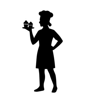 Female baker chef silhouette holding baked cupcakes