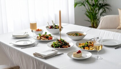 Fototapeta premium Elegant Table Setting with Various Dishes and Drinks for Fine Dining or Special Occasions.
