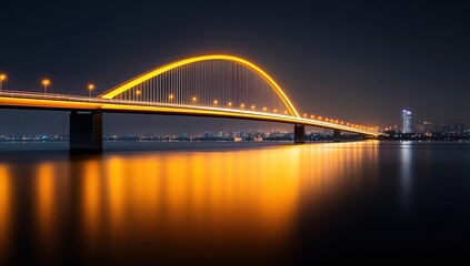 Obraz premium Golden arch bridge illuminating calm water, reflecting vibrant city lights under a dark night sky, symbolizing modern urban connectivity and dynamic infrastructure