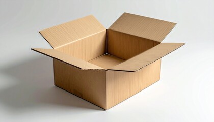 Open Cardboard Box on White Background for Mockups or Packaging Concepts High Angle Studio Shot Clean Aesthetic.