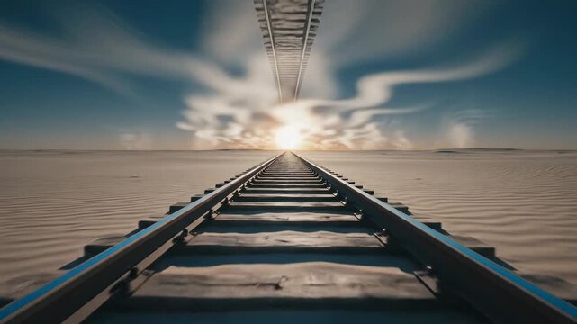 Endless railroad horizon concept inspired by railway tracks perspective, minimalist desert environment where parallel tracks cut through pale sand toward a glowing abstract light on the horizon,
