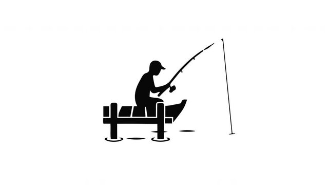 Animated Black Silhouette of a Fisherman Sitting on a Wooden Pier Fishing with a Rod on White Background