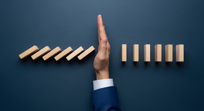 A hand in a business suit stopping a domino effect on a dark blue background