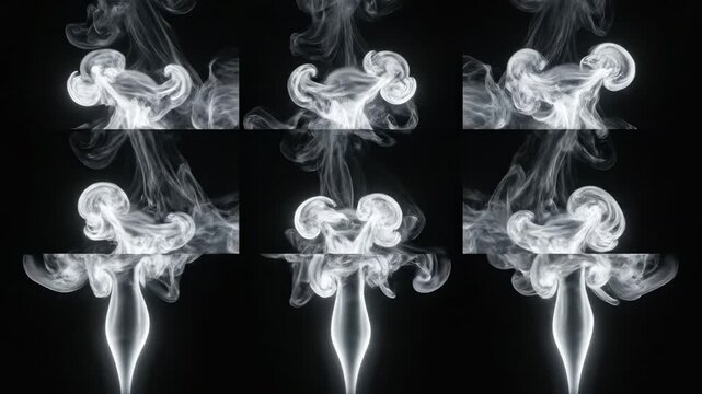 Abstract smoke element set in a matte black void, distinct vapor forms emerging individually with soft rim light outlining contours, layered translucent textures and gentle upward drift, balanced