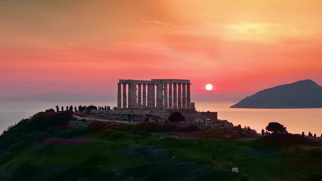 Close-up sunset view of the ancient Temple of Poseidon at Cape Sounion at the edge of Attica, close to Athens, Greece