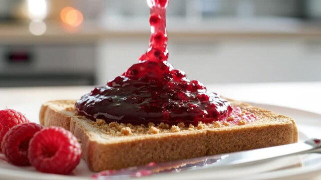 Raspberry jam being poured over toasted bread with peanut butter for a delicious breakfast food preparation