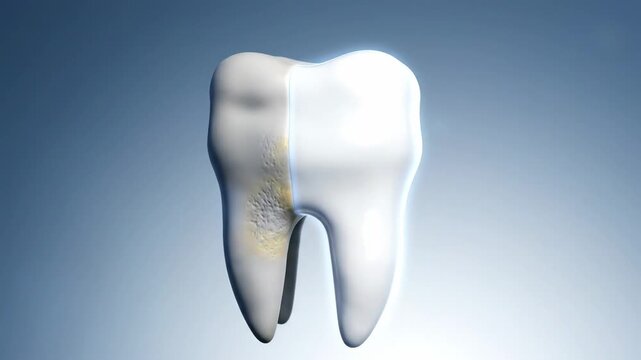 Cosmetic Dentistry Transformation Concept \'96 stylized 3D render of a single tooth divided vertically into two halves, one half showing soft matte off-white enamel with faint discoloration and