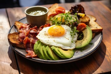 Plate featuring fried egg, crispy bacon, sliced avocado toast, and green salad