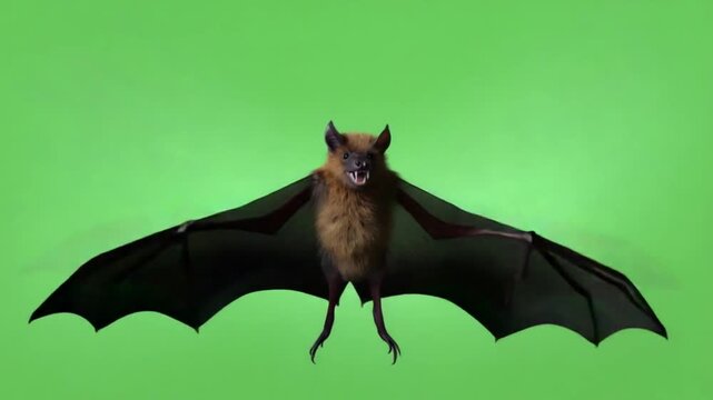 Brown bat with open mouth flying towards camera on green screen