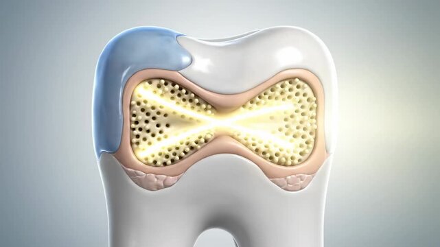 Dentin Hypersensitivity Concept \'96 semi-realistic 3D medical render highlighting microscopic dentinal tubules exposed beneath worn enamel, translucent outer layer fading to reveal internal