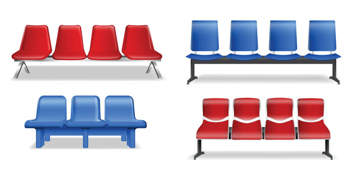 Set of public waiting area bench seats in blue and red colors, isolated on white background. Modern connected plastic chairs with metal frame commonly found in airports, hospitals, stations, terminals