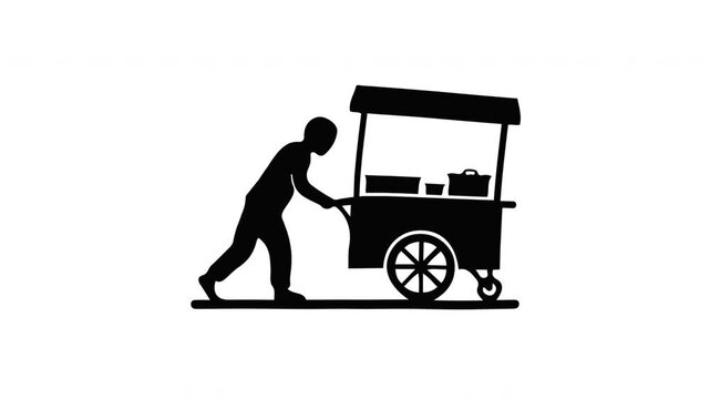 Black Silhouette of a Vendor Pushing a Food Cart on White Background