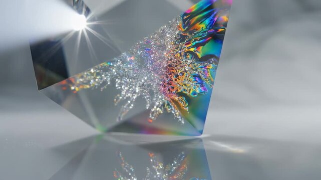 Video of crystal prism light texture with shimmering refracted rainbow reflections, abstract optical background for luxury branding, beauty campaigns and creative design visuals.