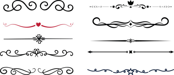Vector illustration set of dividers, flourishes, vines, ornate lines, ornament elements in vintage style. Retro elements for greeting cards, letters and logos isolated on white background. © MR Vector Store