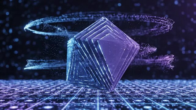 Futuristic interpretation of improving ability through repetition, set in a dark digital environment where a glowing geometric shape continuously refines itself with each looped transformation, edges